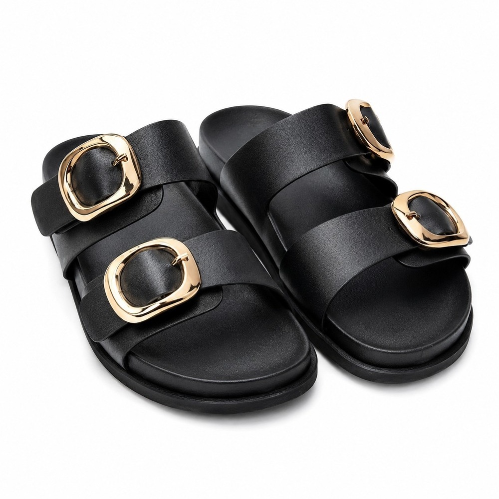 FOREVER COMFORT Avia-86 Big Buckle Slide Sz 8.5 Black Goldtones Strappy NWOB